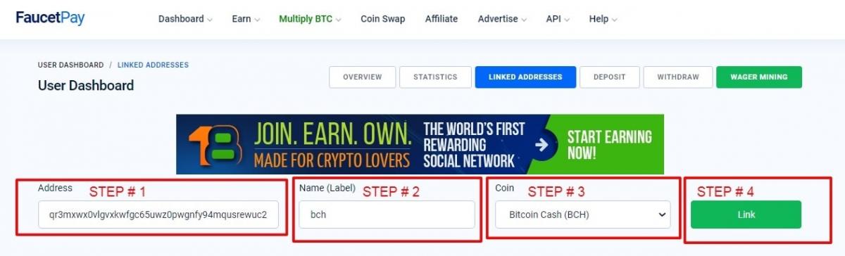 связываем bitcoin cash адрес c faucetpay