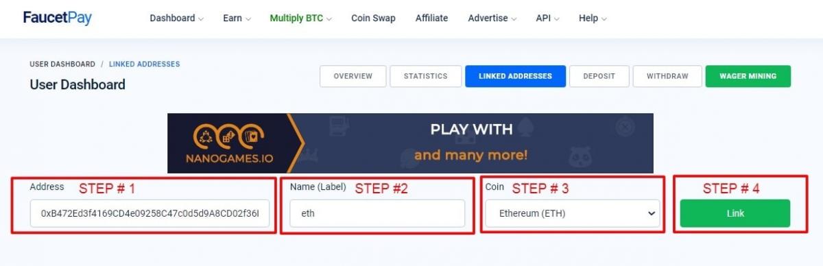 связываем Ethereum адрес c faucetpay