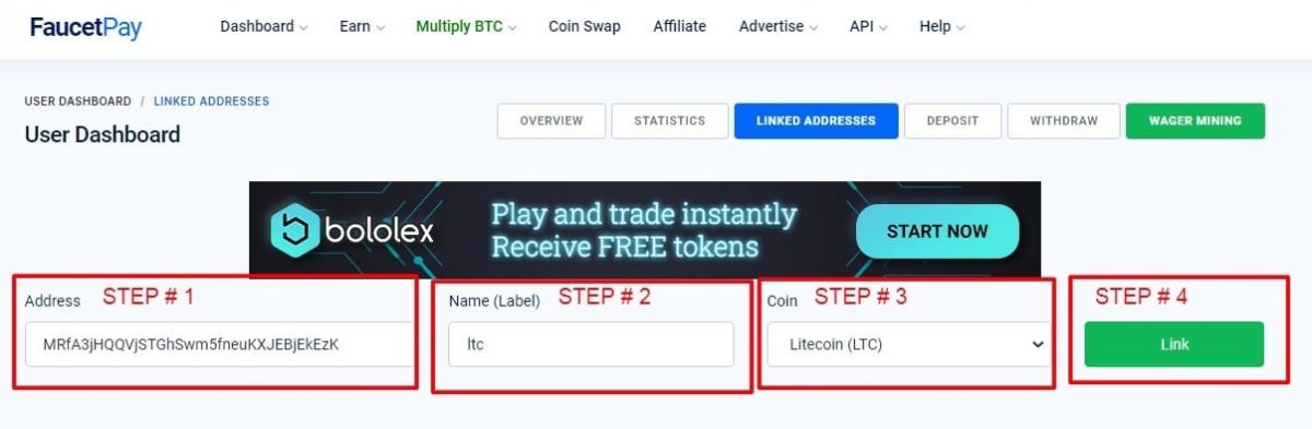 связываем Litecoin адрес c faucetpay