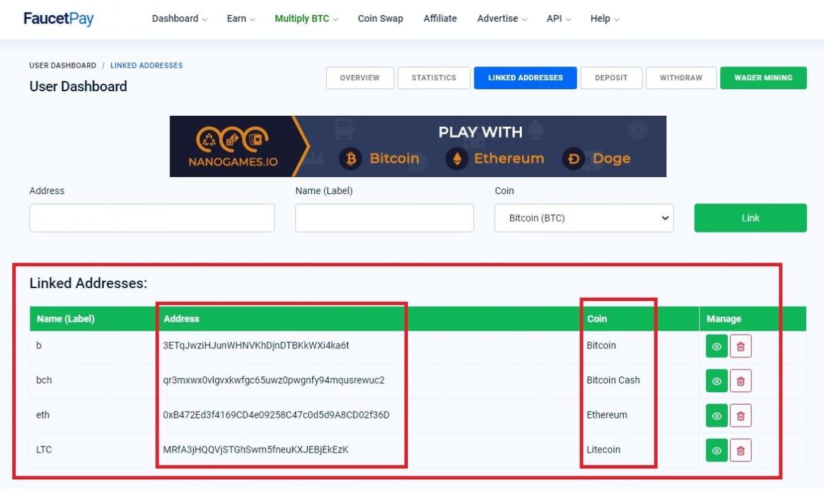 Все криптовалютные адреса привязанные к faucetpay